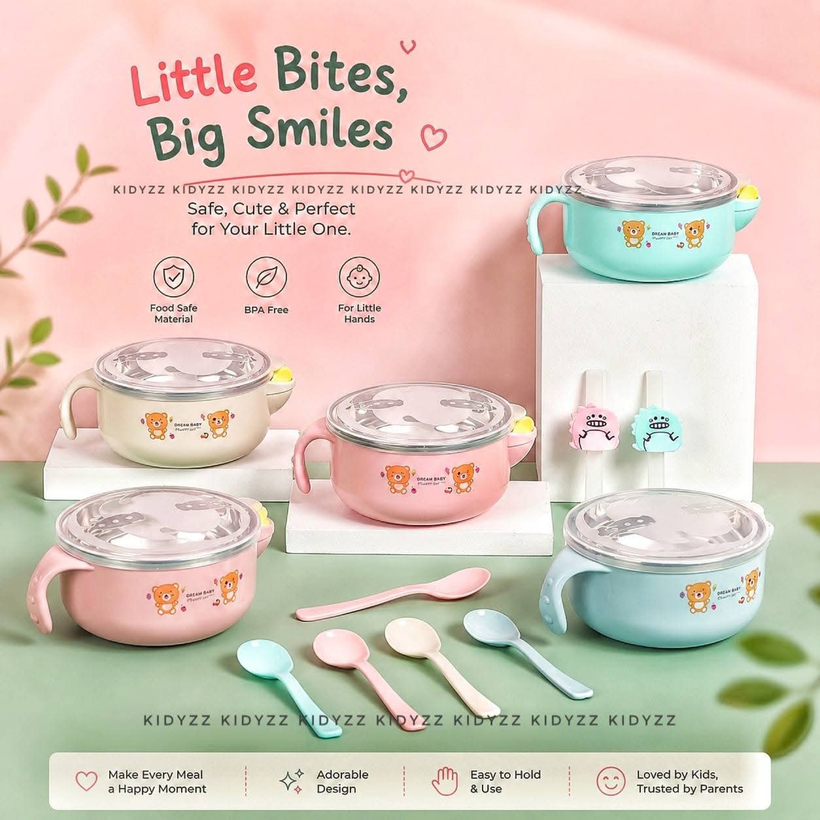 Baby Stainless Steel Feeding Bowl Spoon Set Thermal Insulation Bowl with Cover Handle Anti Falling Tablet