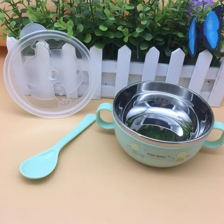 Baby Stainless Steel Feeding Bowl Spoon Set Thermal Insulation Bowl with Cover Handle Anti Falling Tablet - Image 2