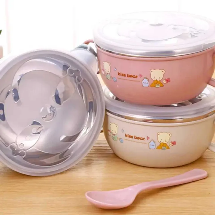 Baby Stainless Steel Feeding Bowl Spoon Set Thermal Insulation Bowl with Cover Handle Anti Falling Tablet - Image 4
