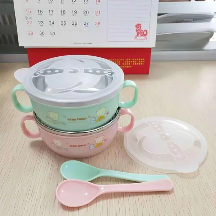 Baby Stainless Steel Feeding Bowl Spoon Set Thermal Insulation Bowl with Cover Handle Anti Falling Tablet - Image 3