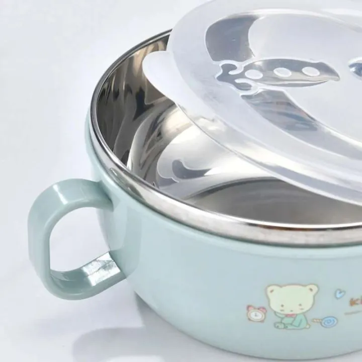 Baby Stainless Steel Feeding Bowl Spoon Set Thermal Insulation Bowl with Cover Handle Anti Falling Tablet - Image 5
