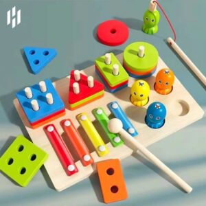 Wooden 3-in-1 Column Set | Xylophone, Shape tray, Four fish in ONE board