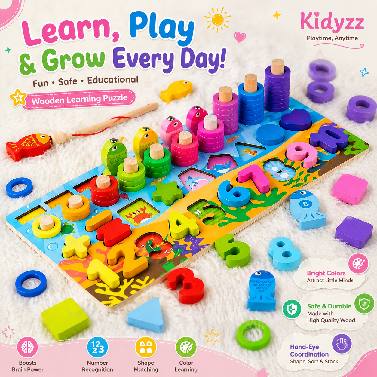 6 in 1 Logarithmic Board- Activity Toys- Color, Count, Fishing, Shape, Number and Basic Math